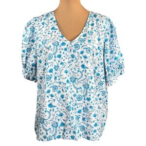 Draper James V Neck Cotton Blouse Blue Floral‎ Pouf Sleeves Feminine Pretty XXL